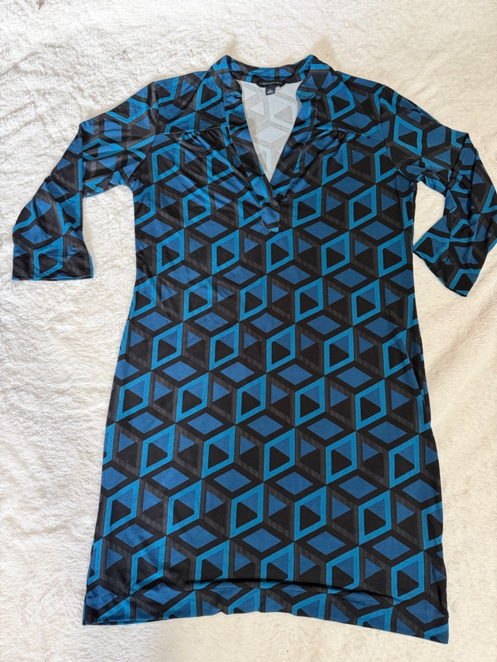 Banana Republic Geometric Print Dress Size M Blue Black 3/4 Sleeve Stretch Shift